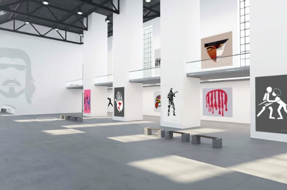 EISBOX MODERN - Hallenansicht mit virtuellen Kunstwerken an den Wänden.